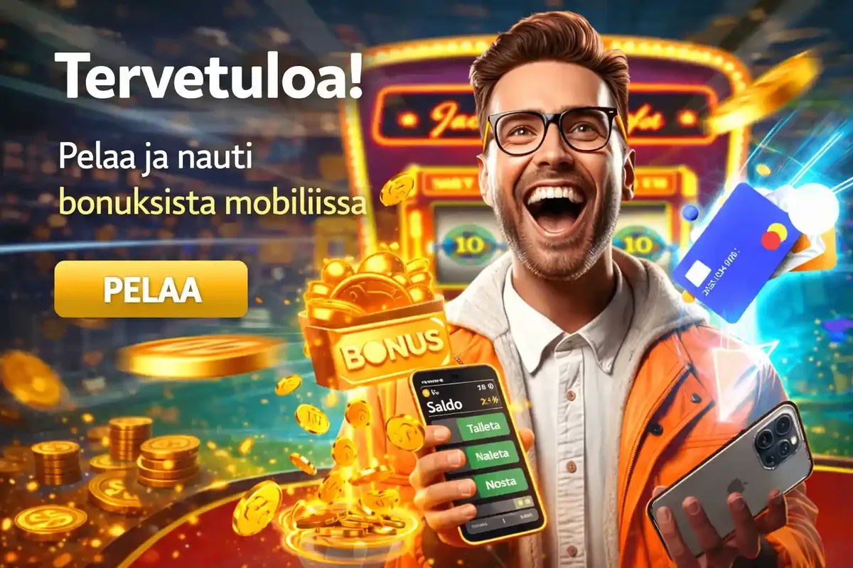 Tervetuloa bonuksiin Suomalainen pelaaja käyttää mobiilikasinoa ja saa bonuksia sekä voittoja
